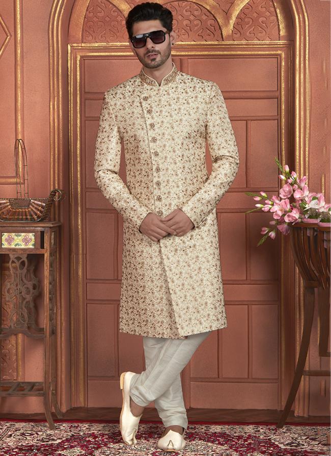 Dhupion Art Silk Beige Wedding Wear Thread Work Readymade Sherwani